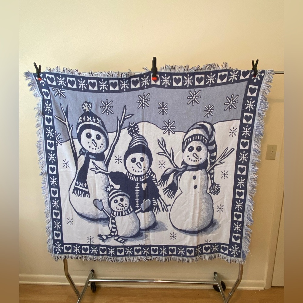 Handmade Woven Snowman Family Tapestry Throw Blanket